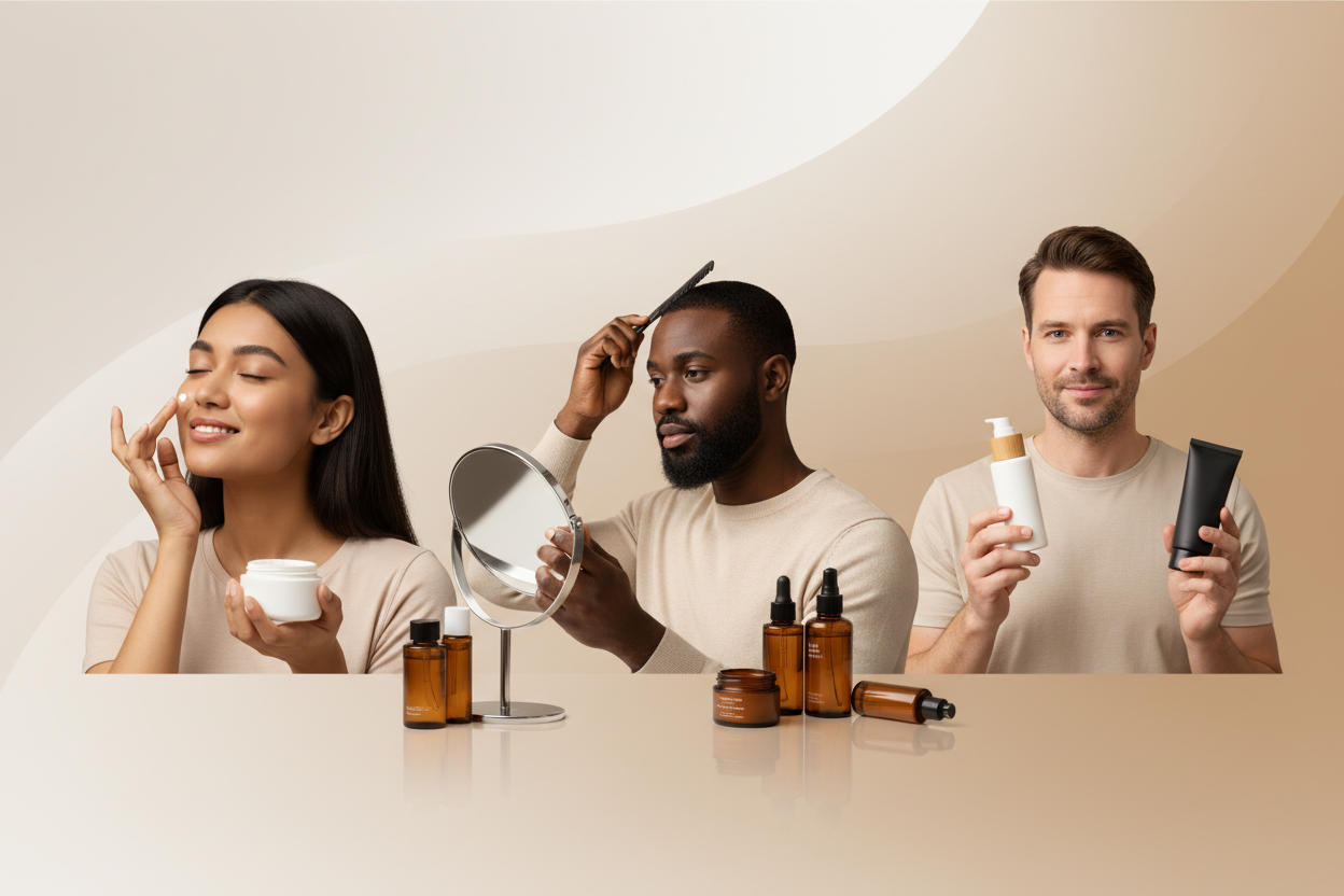 PERSONAL CARE PRODUCTS - GENERATE A BANNER WITH A LADY AND MEN AND I SHOULD LOOK LIKE THEY ARE USING PERSONAL PRODUCTS AND SHOULD BE ADJUSTED WITH OUR BACKGROUND COLOUR AND UI