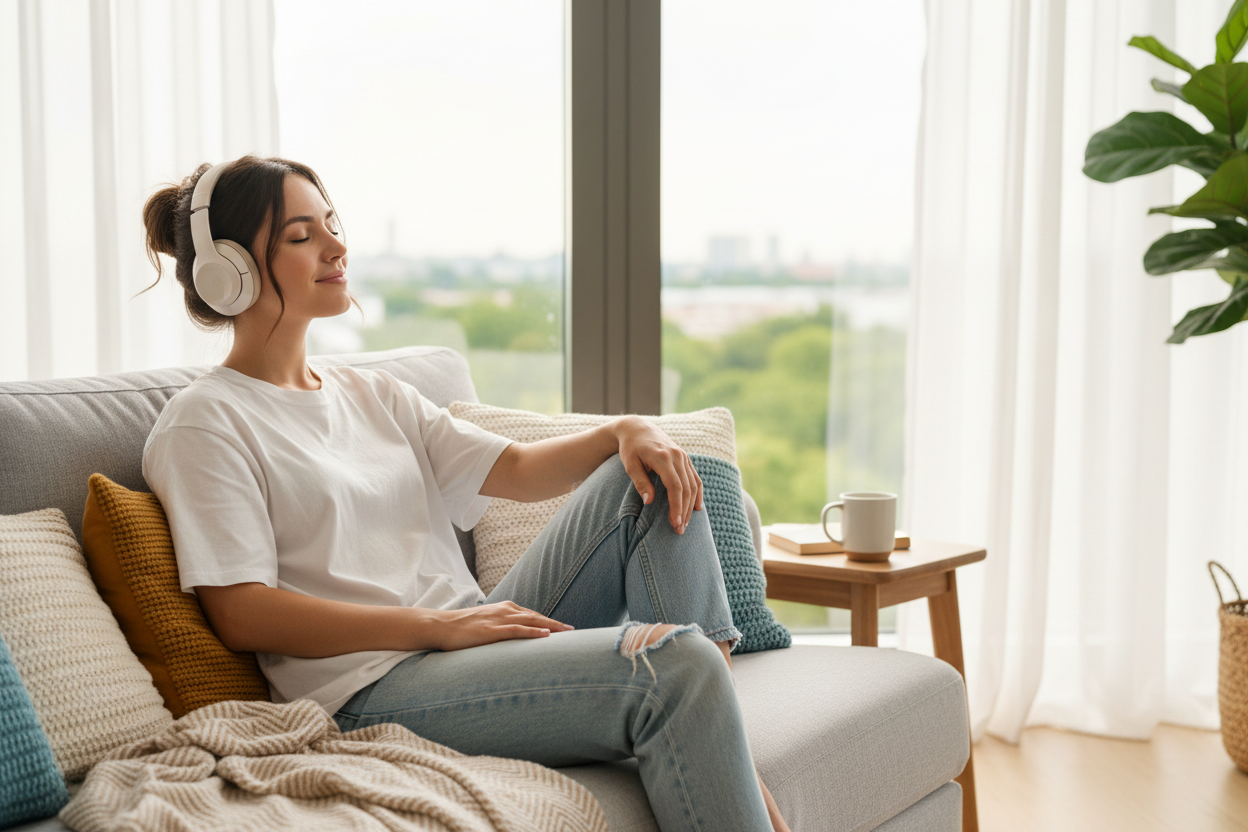 PLEASE GENERATE THE OTHER SIDE OF BANNER AND WITH Lifestyle-like for my lifestyle section with a women wearing a headphone in Jeans and tshirt. right side of picture is okay and take instructions for the left part of the image.